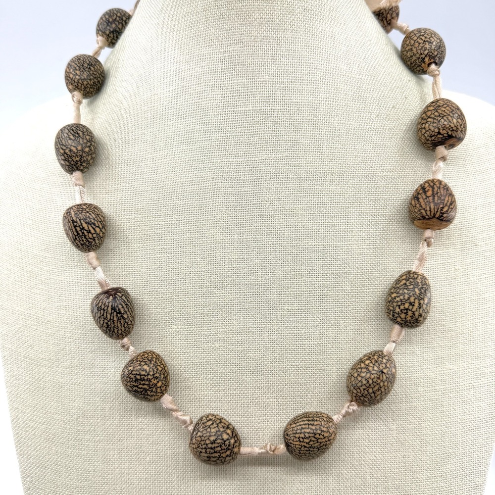 Natural Seed Bead Necklace Organic Boho Statement Piece Earthy Ribbon Tie Style